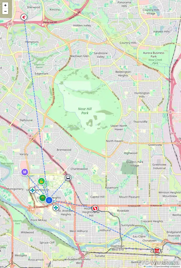 Daily accessibility map for 2040 URALTA RD NW, Calgary showing nearby schools, grocery stores, parks, LRT stations and nearby amenities