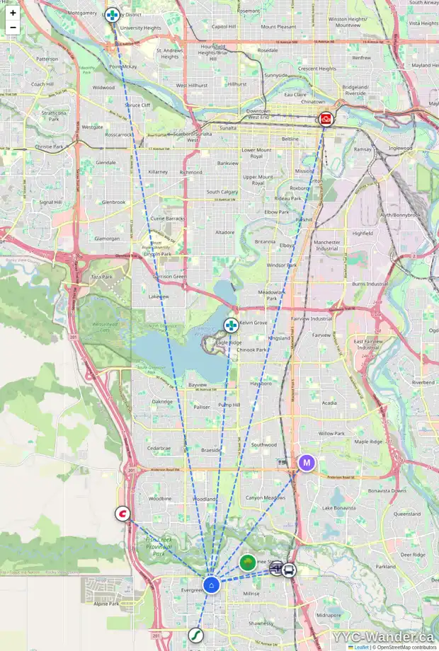 Daily accessibility map for 464 EVERGREEN CI SW, Calgary showing nearby schools, grocery stores, parks, LRT stations and nearby amenities