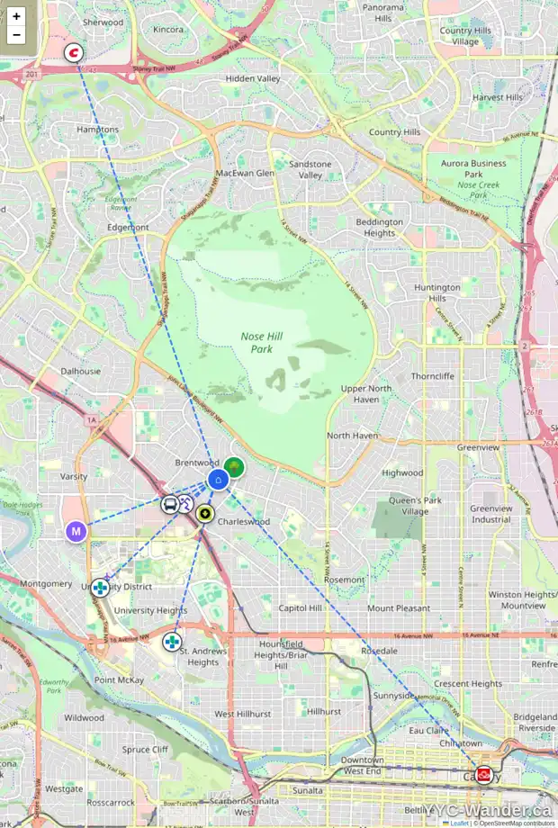 Daily accessibility map for 4116 26 ST NW, Calgary showing nearby schools, grocery stores, parks, LRT stations and nearby amenities