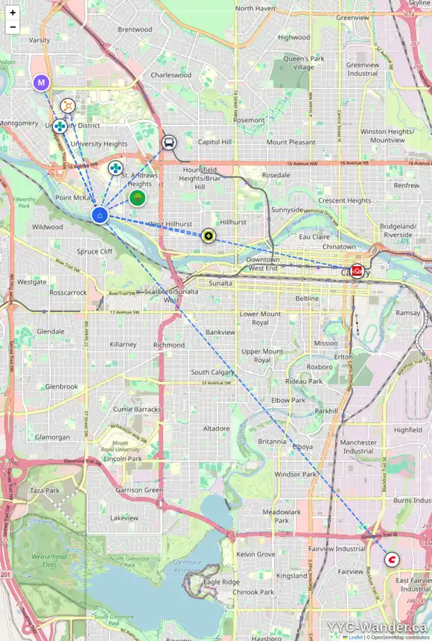 Daily accessibility map for 109 34 ST NW, Calgary showing nearby schools, grocery stores, parks, LRT stations and nearby amenities