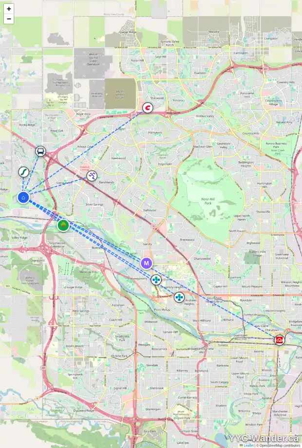 Daily accessibility map for 155 TUSCANY ESTATES CL NW, Calgary showing nearby schools, grocery stores, parks, LRT stations and nearby amenities