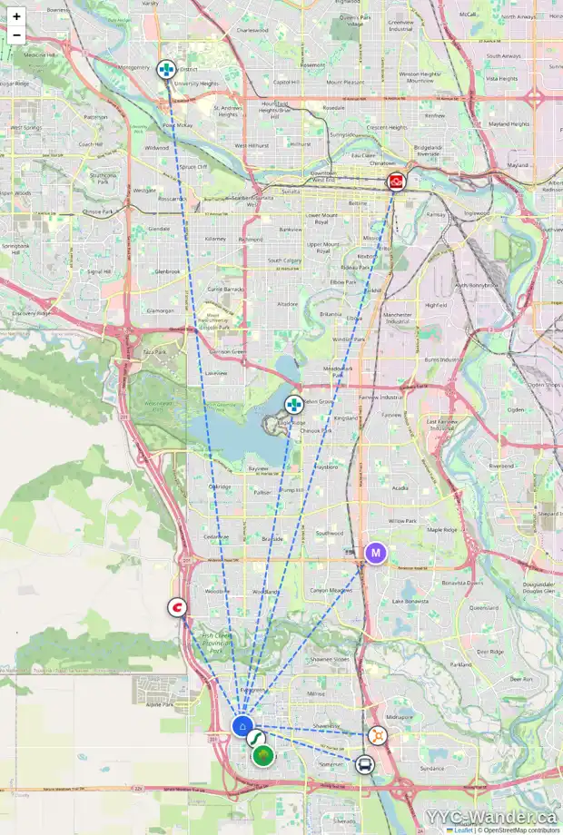 Daily accessibility map for 28 EVERRIDGE CM SW, Calgary showing nearby schools, grocery stores, parks, LRT stations and nearby amenities
