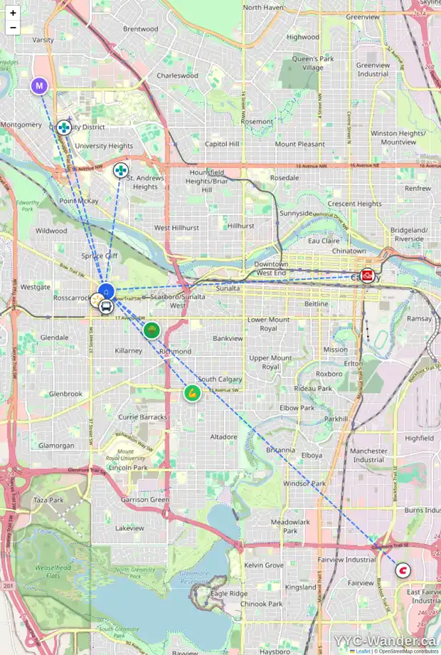 Daily accessibility map for 1707 55 SPRUCE PL SW, Calgary showing nearby schools, grocery stores, parks, LRT stations and nearby amenities
