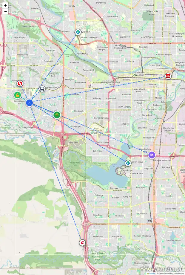 Daily accessibility map for 2783 77 ST SW, Calgary showing nearby schools, grocery stores, parks, LRT stations and nearby amenities