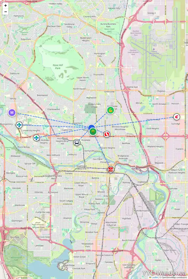 Daily accessibility map for 708 22 AV NW, Calgary showing nearby schools, grocery stores, parks, LRT stations and nearby amenities