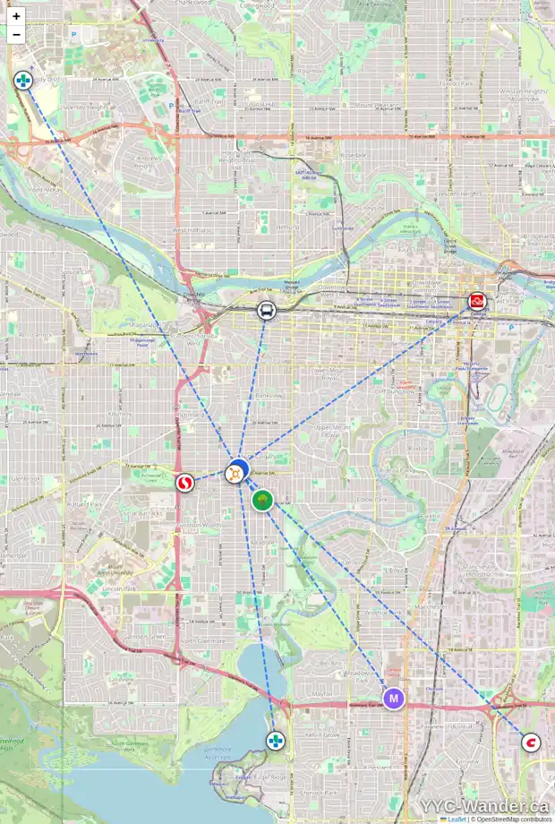 Daily accessibility map for 1923 32 AV SW, Calgary showing nearby schools, grocery stores, parks, LRT stations and nearby amenities