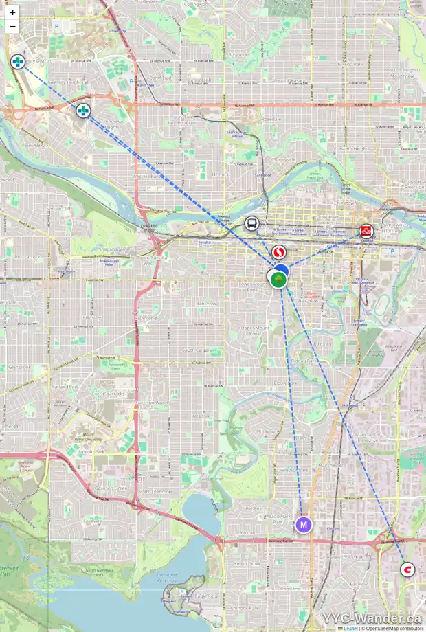 Daily accessibility map for 303 812 15 AV SW, Calgary showing nearby schools, grocery stores, parks, LRT stations and nearby amenities