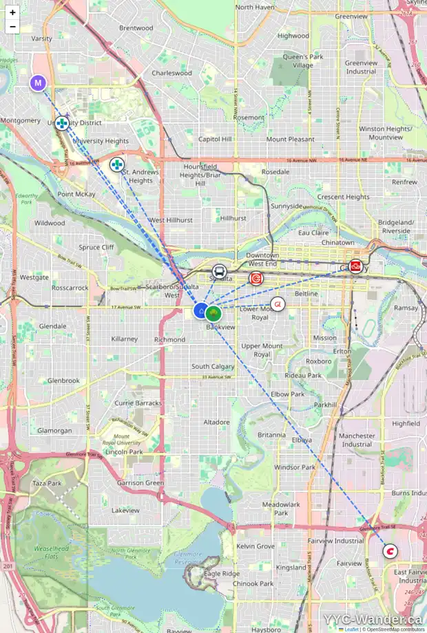 Daily accessibility map for 403 1811 18A ST SW, Calgary showing nearby schools, grocery stores, parks, LRT stations and nearby amenities