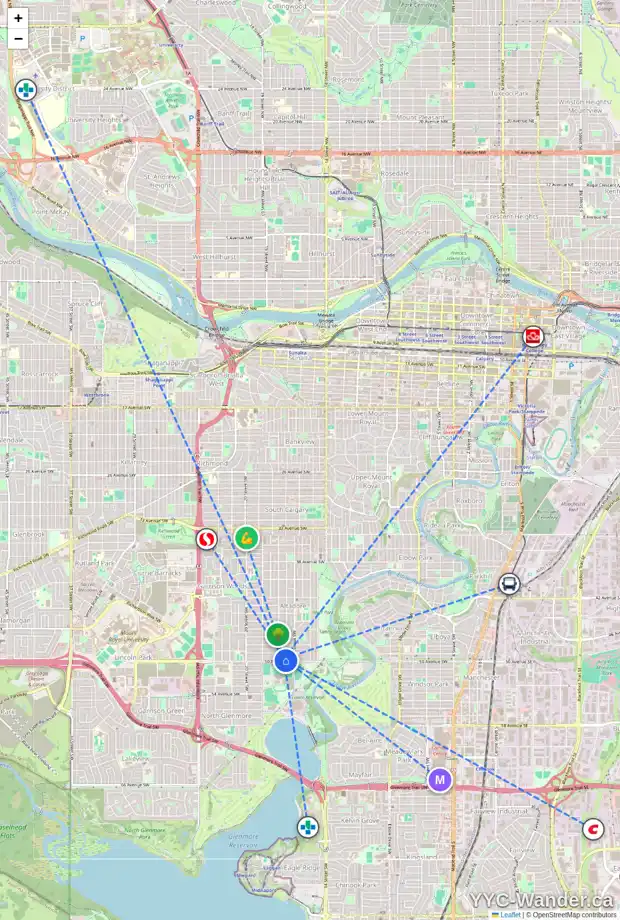 Daily accessibility map for 1734 50 AV SW, Calgary showing nearby schools, grocery stores, parks, LRT stations and nearby amenities