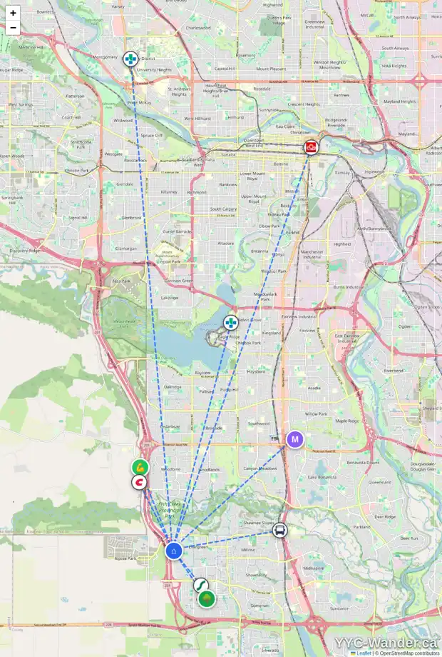 Daily accessibility map for 143 EVERWOODS PA SW, Calgary showing nearby schools, grocery stores, parks, LRT stations and nearby amenities