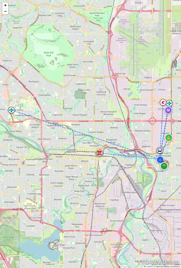 Daily accessibility map for 2823 12 AV SE, Calgary showing nearby schools, grocery stores, parks, LRT stations and nearby amenities