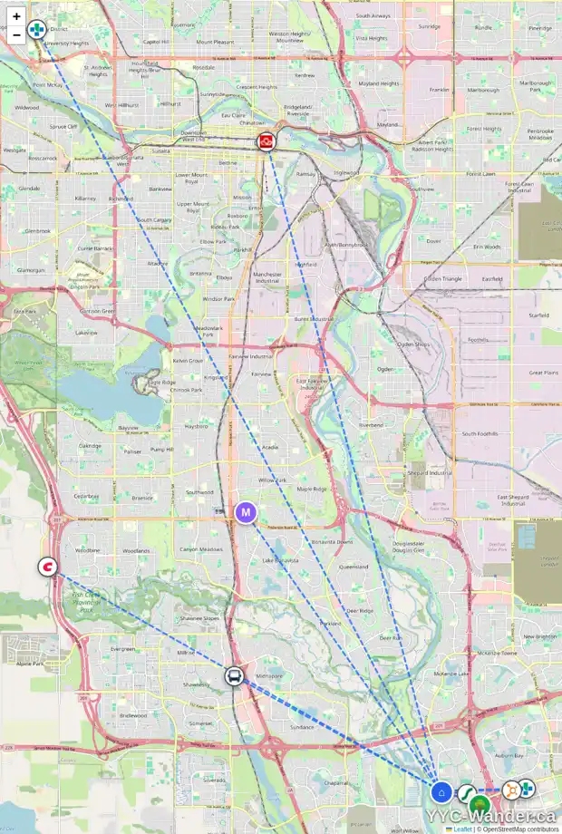 Daily accessibility map for 46 CRANRIDGE HT SE, Calgary showing nearby schools, grocery stores, parks, LRT stations and nearby amenities