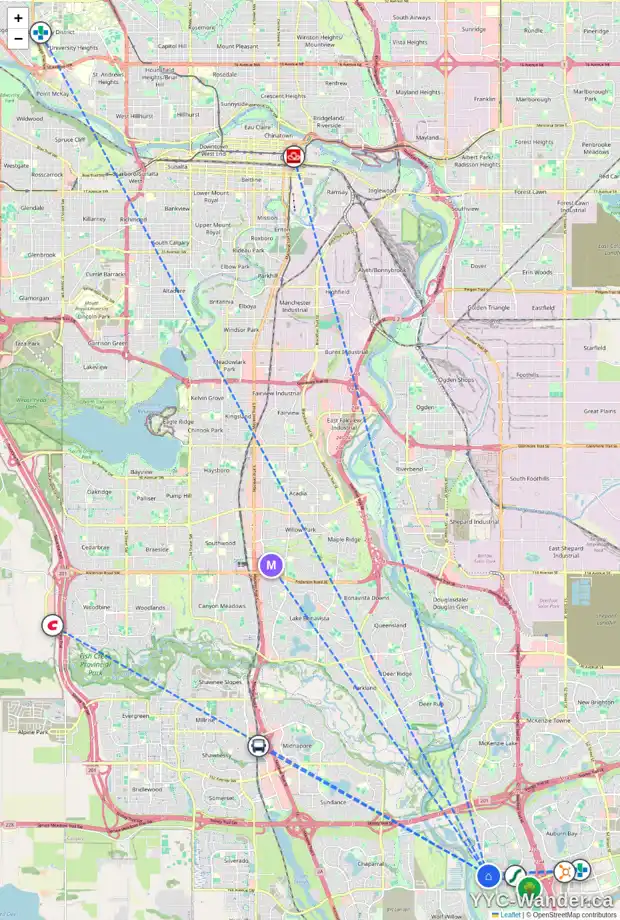 Daily accessibility map for 62 CRANRIDGE HT SE, Calgary showing nearby schools, grocery stores, parks, LRT stations and nearby amenities