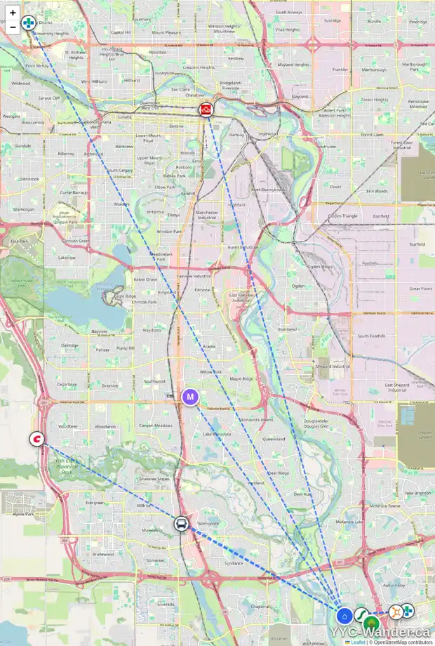 Daily accessibility map for 82 CRANRIDGE HT SE, Calgary showing nearby schools, grocery stores, parks, LRT stations and nearby amenities