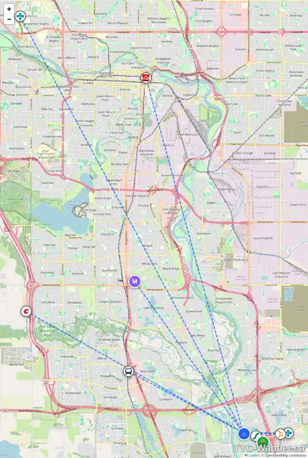 Daily accessibility map for 11 CRANRIDGE BA SE, Calgary showing nearby schools, grocery stores, parks, LRT stations and nearby amenities