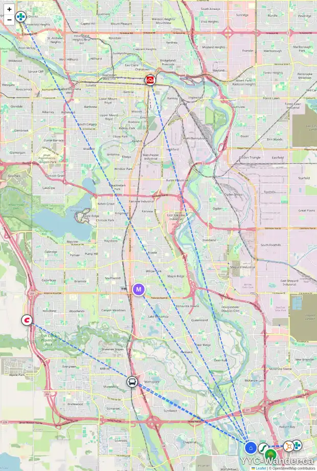 Daily accessibility map for 75 CRANRIDGE HT SE, Calgary showing nearby schools, grocery stores, parks, LRT stations and nearby amenities
