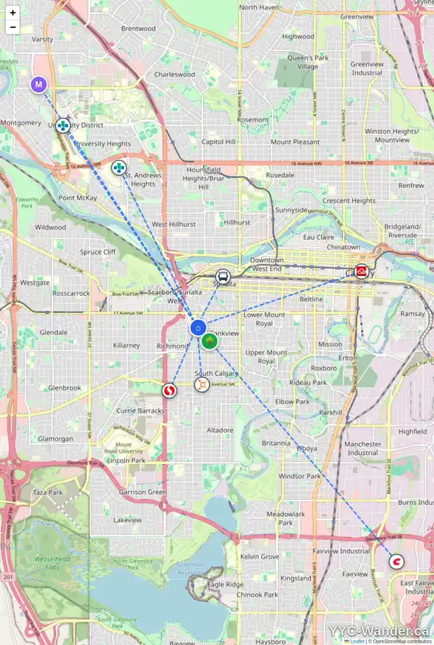 Daily accessibility map for 2027 20 AV SW, Calgary showing nearby schools, grocery stores, parks, LRT stations and nearby amenities