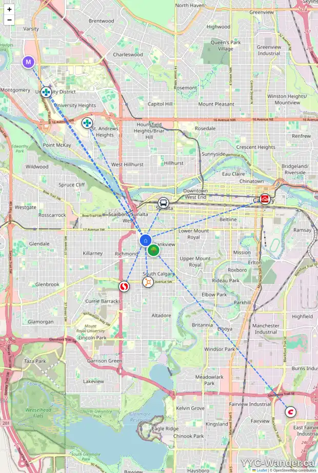Daily accessibility map for 2025 20 AV SW, Calgary showing nearby schools, grocery stores, parks, LRT stations and nearby amenities