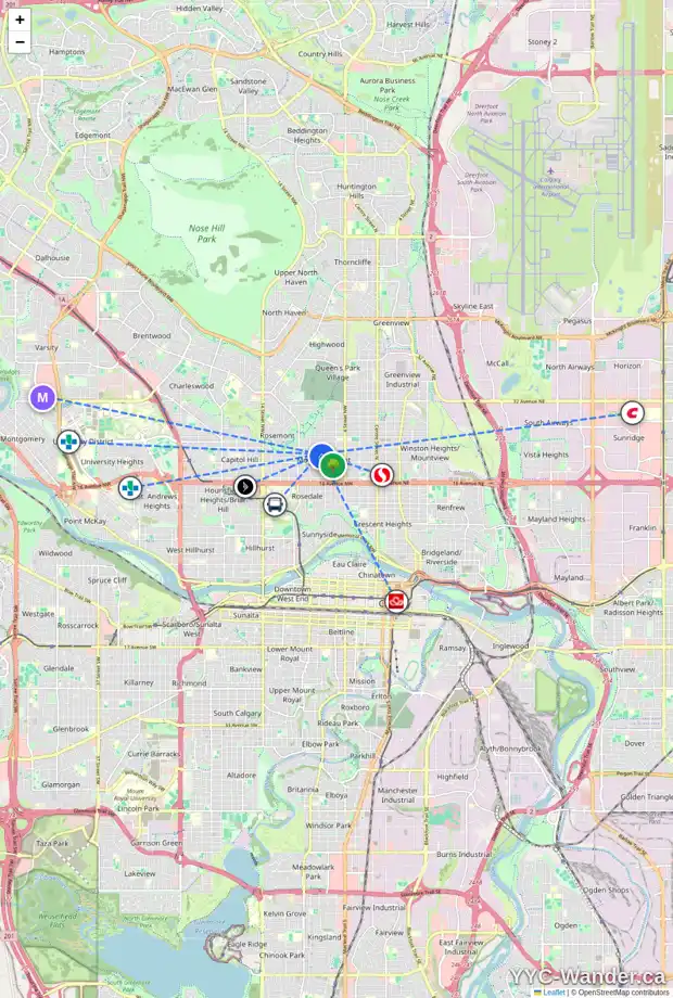Daily accessibility map for 737 22 AV NW, Calgary showing nearby schools, grocery stores, parks, LRT stations and nearby amenities