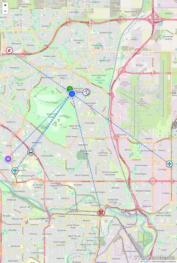 Daily accessibility map for 116 BERMONDSEY RI NW, Calgary showing nearby schools, grocery stores, parks, LRT stations and nearby amenities