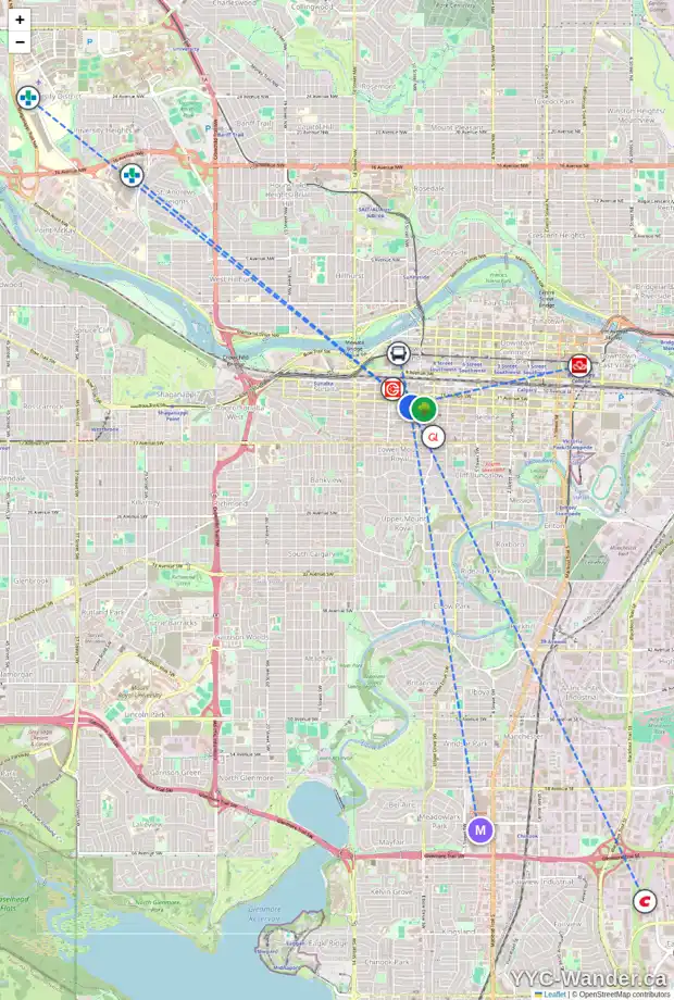 Daily accessibility map for 403 1027 12 AV SW, Calgary showing nearby schools, grocery stores, parks, LRT stations and nearby amenities