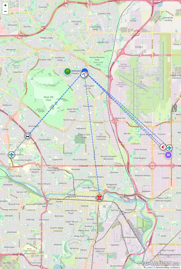 Daily accessibility map for 124 BERGEN RD NW, Calgary showing nearby schools, grocery stores, parks, LRT stations and nearby amenities