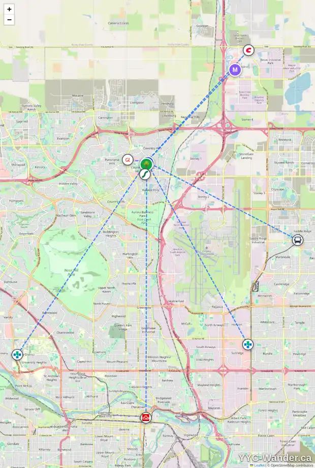 Daily accessibility map for 90 COUNTRY VILLAGE GA NE, Calgary showing nearby schools, grocery stores, parks, LRT stations and nearby amenities