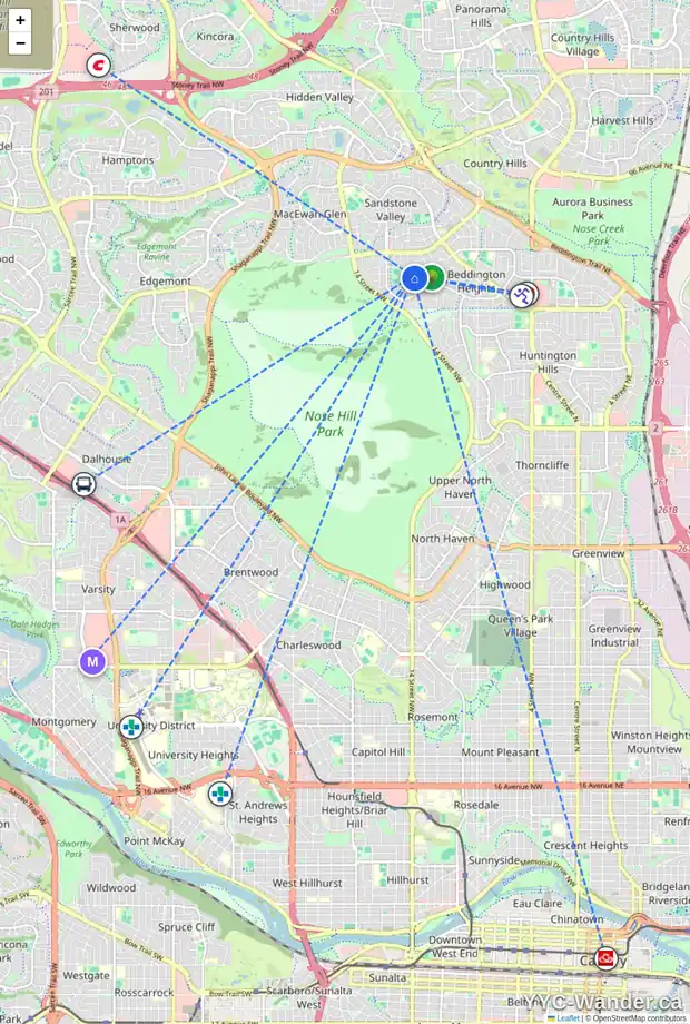 Daily accessibility map for 49 BEACHAM WY NW, Calgary showing nearby schools, grocery stores, parks, LRT stations and nearby amenities