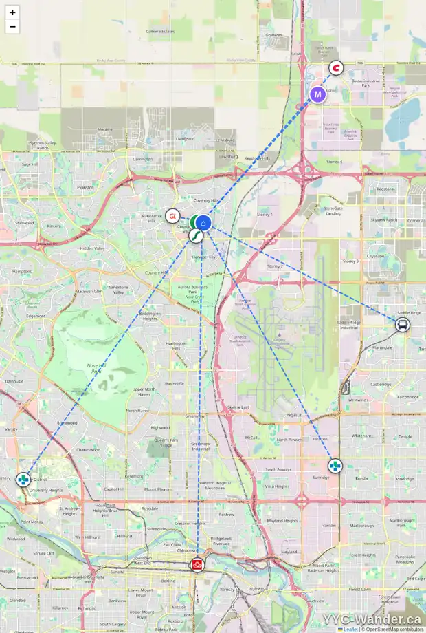 Daily accessibility map for 97 COUNTRY VILLAGE LN NE, Calgary showing nearby schools, grocery stores, parks, LRT stations and nearby amenities
