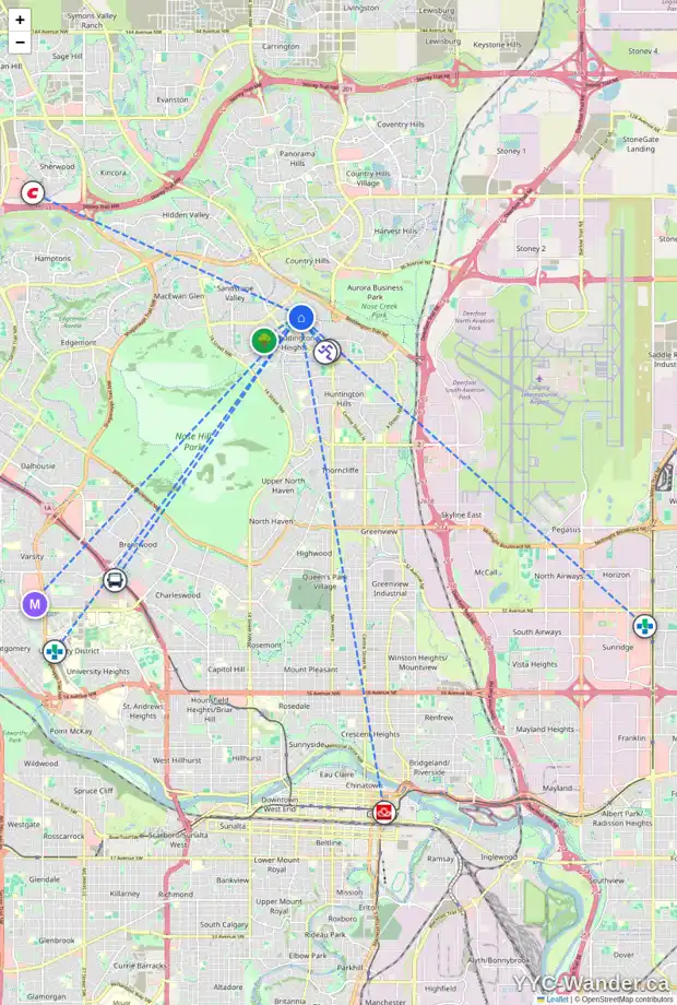 Daily accessibility map for 208 BERNARD DR NW, Calgary showing nearby schools, grocery stores, parks, LRT stations and nearby amenities