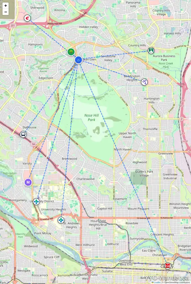 Daily accessibility map for 96 MACEWAN PARK CL NW, Calgary showing nearby schools, grocery stores, parks, LRT stations and nearby amenities