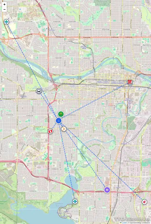 Daily accessibility map for 2120 29 AV SW, Calgary showing nearby schools, grocery stores, parks, LRT stations and nearby amenities
