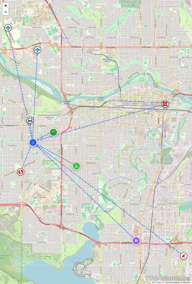 Daily accessibility map for 2436 33 ST SW, Calgary showing nearby schools, grocery stores, parks, LRT stations and nearby amenities