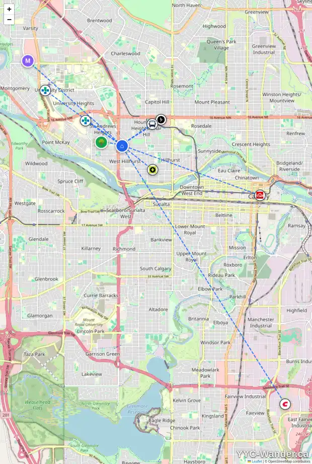 Daily accessibility map for 2428 7 AV NW, Calgary showing nearby schools, grocery stores, parks, LRT stations and nearby amenities