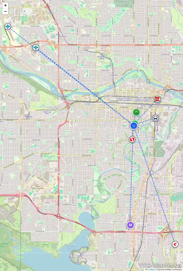 Daily accessibility map for 403 505 19 AV SW, Calgary showing nearby schools, grocery stores, parks, LRT stations and nearby amenities