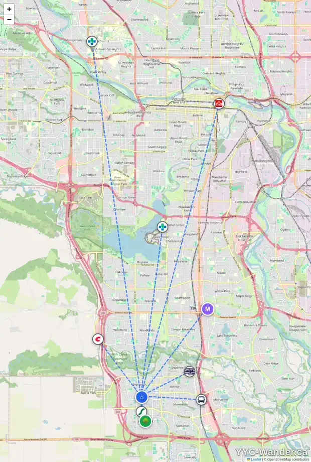 Daily accessibility map for 53 EVEROAK DR SW, Calgary showing nearby schools, grocery stores, parks, LRT stations and nearby amenities