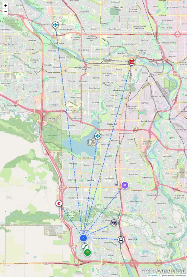 Daily accessibility map for 138 EVEROAK GD SW, Calgary showing nearby schools, grocery stores, parks, LRT stations and nearby amenities