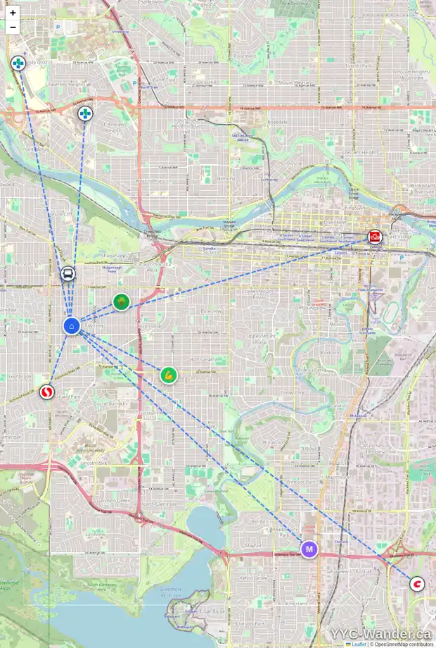 Daily accessibility map for 3410 25 AV SW, Calgary showing nearby schools, grocery stores, parks, LRT stations and nearby amenities