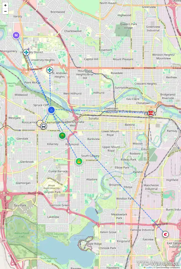 Daily accessibility map for 309 10 HEMLOCK CR SW, Calgary showing nearby schools, grocery stores, parks, LRT stations and nearby amenities