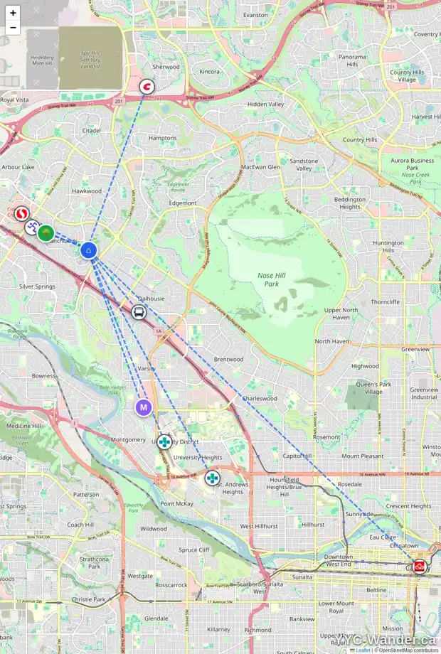 Daily accessibility map for 127 6915 RANCHVIEW DR NW, Calgary showing nearby schools, grocery stores, parks, LRT stations and nearby amenities
