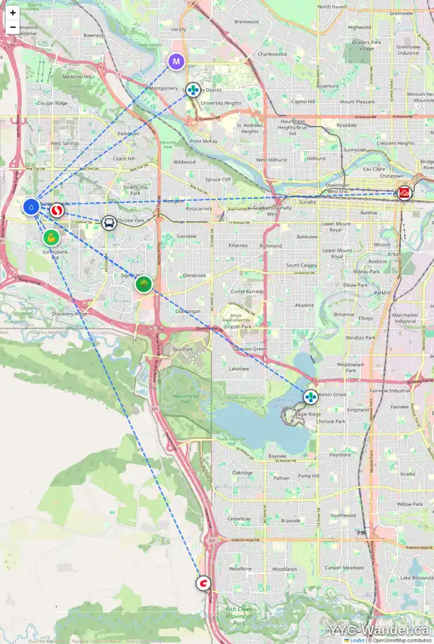 Daily accessibility map for 110 ASPEN HILLS DR SW, Calgary showing nearby schools, grocery stores, parks, LRT stations and nearby amenities