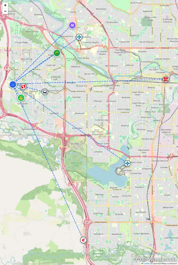 Daily accessibility map for 35 ASPEN HILLS MR SW, Calgary showing nearby schools, grocery stores, parks, LRT stations and nearby amenities
