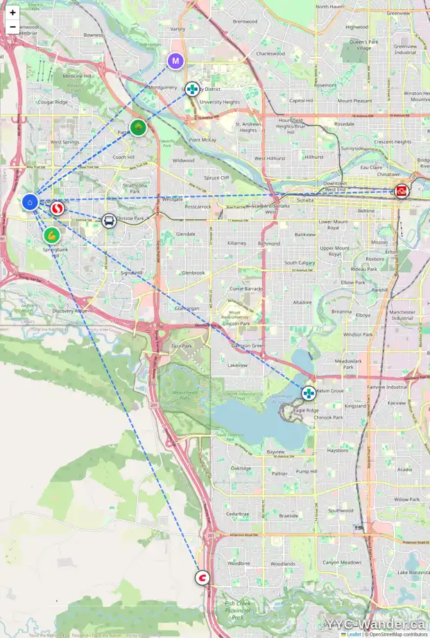 Daily accessibility map for 59 ASPEN HILLS MR SW, Calgary showing nearby schools, grocery stores, parks, LRT stations and nearby amenities