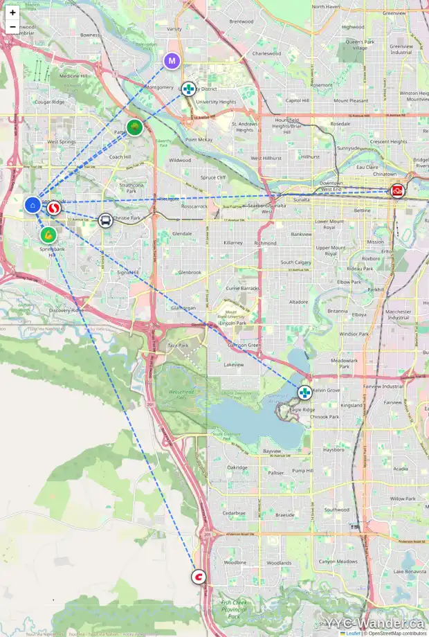 Daily accessibility map for 26 ASPEN HILLS WY SW, Calgary showing nearby schools, grocery stores, parks, LRT stations and nearby amenities
