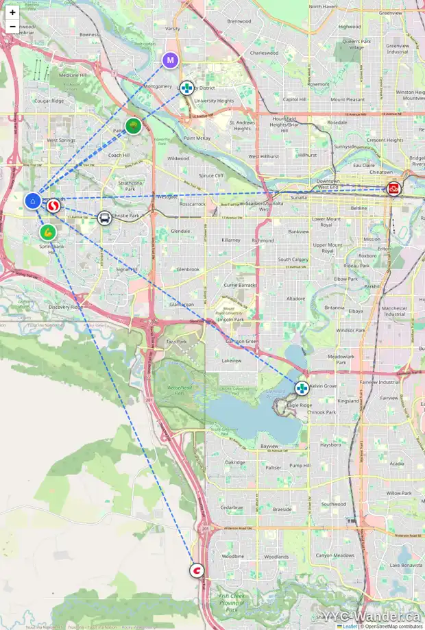 Daily accessibility map for 50 ASPEN HILLS WY SW, Calgary showing nearby schools, grocery stores, parks, LRT stations and nearby amenities