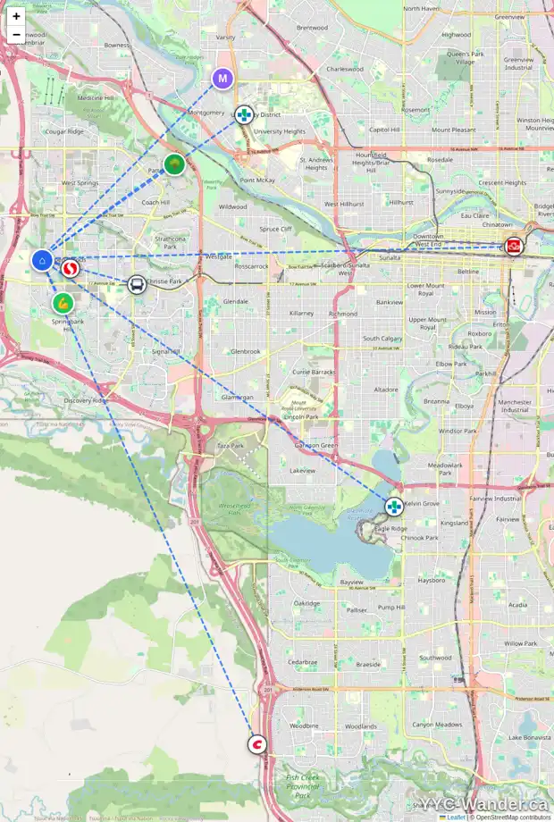 Daily accessibility map for 66 ASPEN HILLS WY SW, Calgary showing nearby schools, grocery stores, parks, LRT stations and nearby amenities