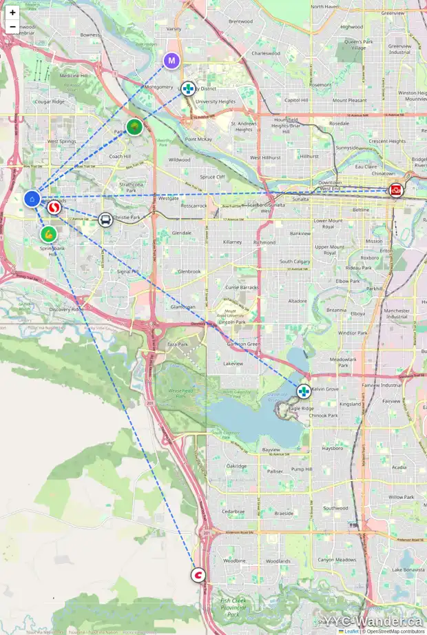 Daily accessibility map for 90 ASPEN HILLS WY SW, Calgary showing nearby schools, grocery stores, parks, LRT stations and nearby amenities