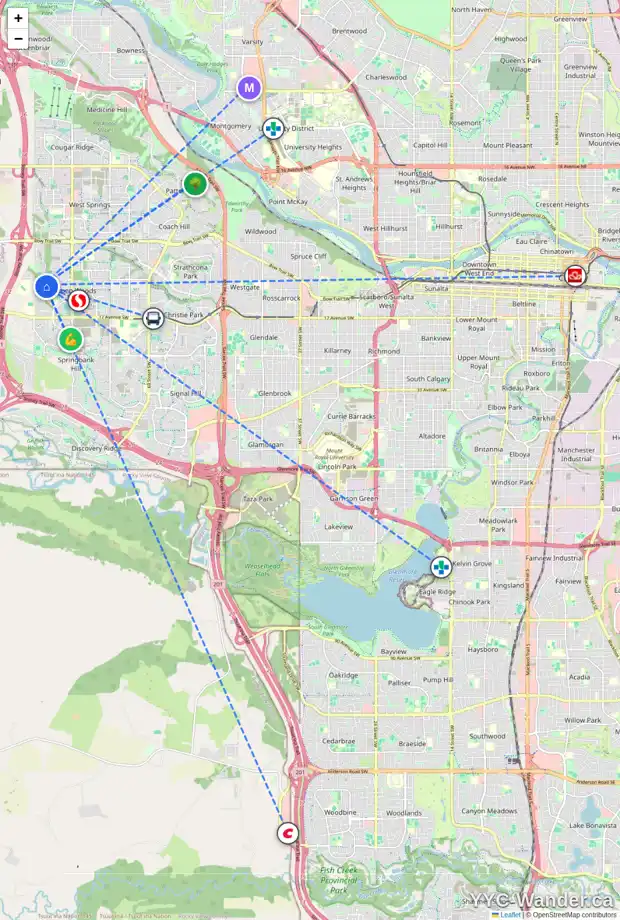 Daily accessibility map for 98 ASPEN HILLS WY SW, Calgary showing nearby schools, grocery stores, parks, LRT stations and nearby amenities