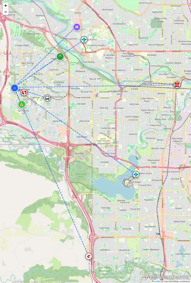 Daily accessibility map for 106 ASPEN HILLS WY SW, Calgary showing nearby schools, grocery stores, parks, LRT stations and nearby amenities