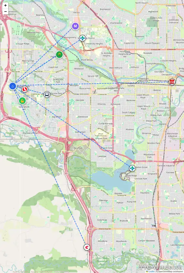 Daily accessibility map for 1528 93 ST SW, Calgary showing nearby schools, grocery stores, parks, LRT stations and nearby amenities